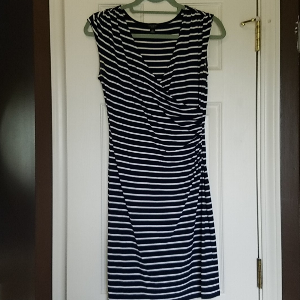 Ann Taylor striped faux wrap ruched dress SP